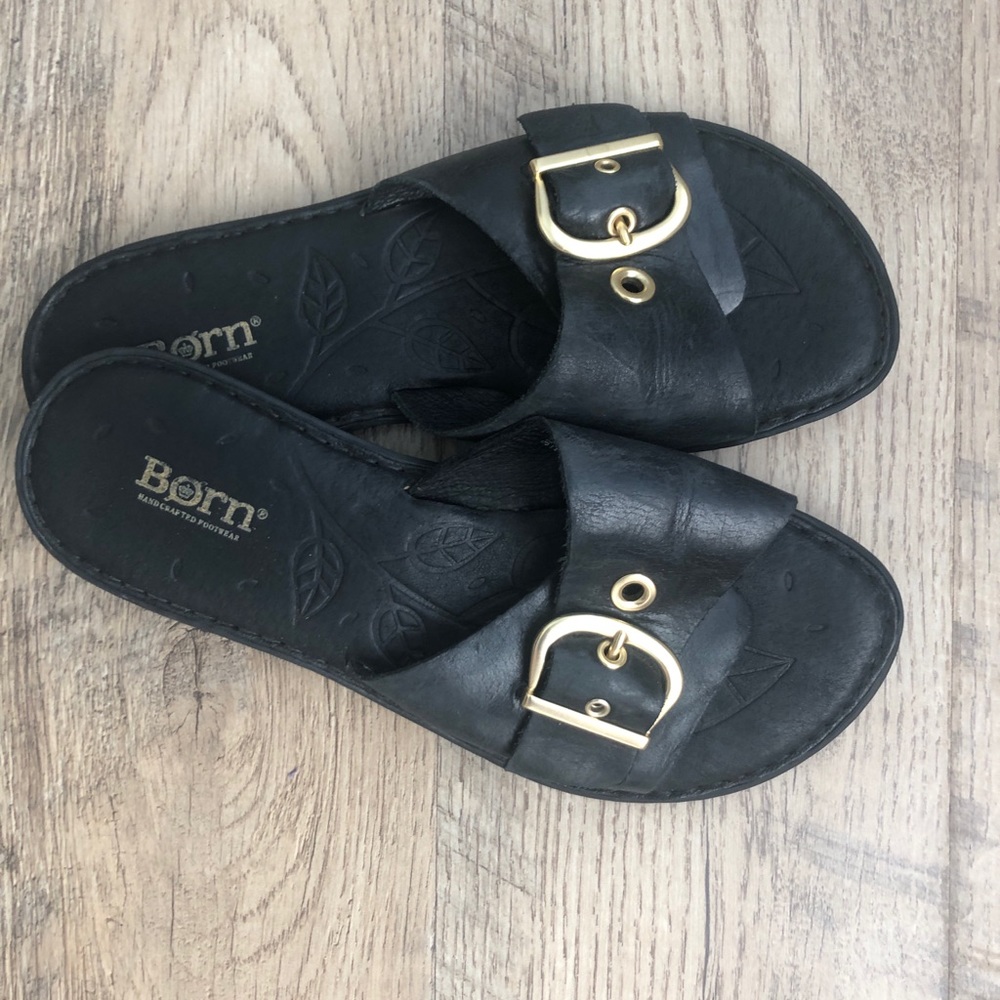 Black born slip on buckle sandal size 8